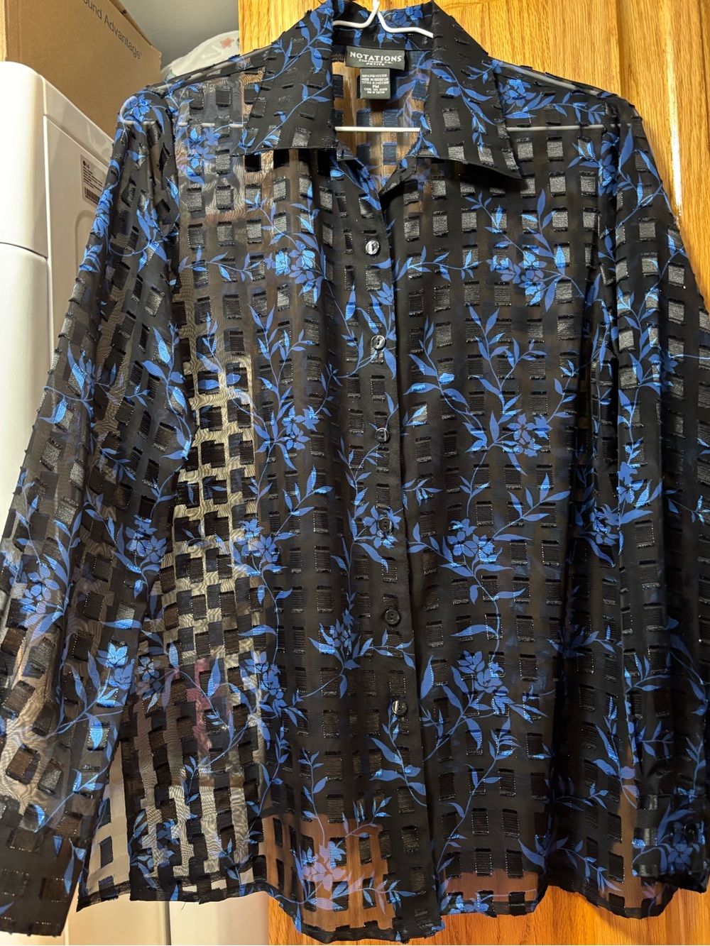 Notations Black Sheer Button-Up Blouse with Blue Floral Pattern